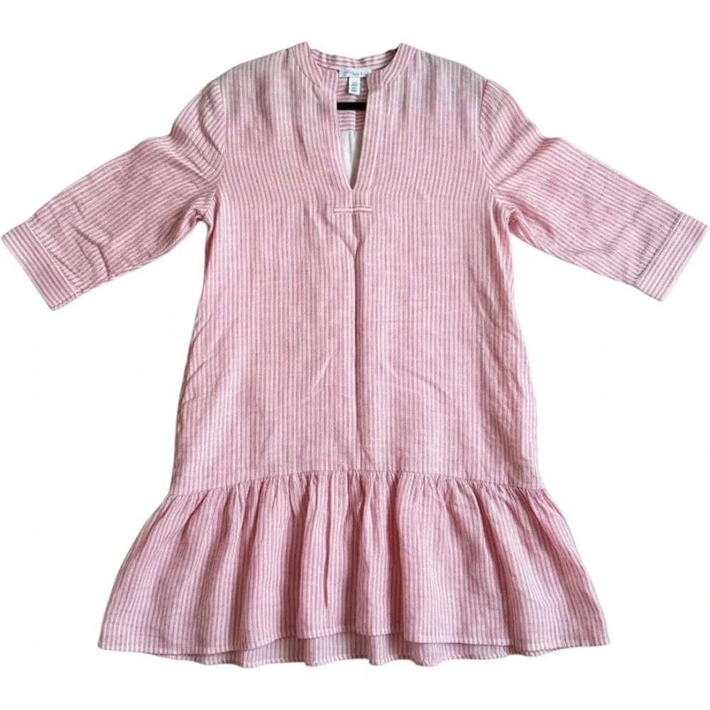 Nordstrom Signature Tunic Dress L Red White Striped Linen Ruffle Coastal Preppy